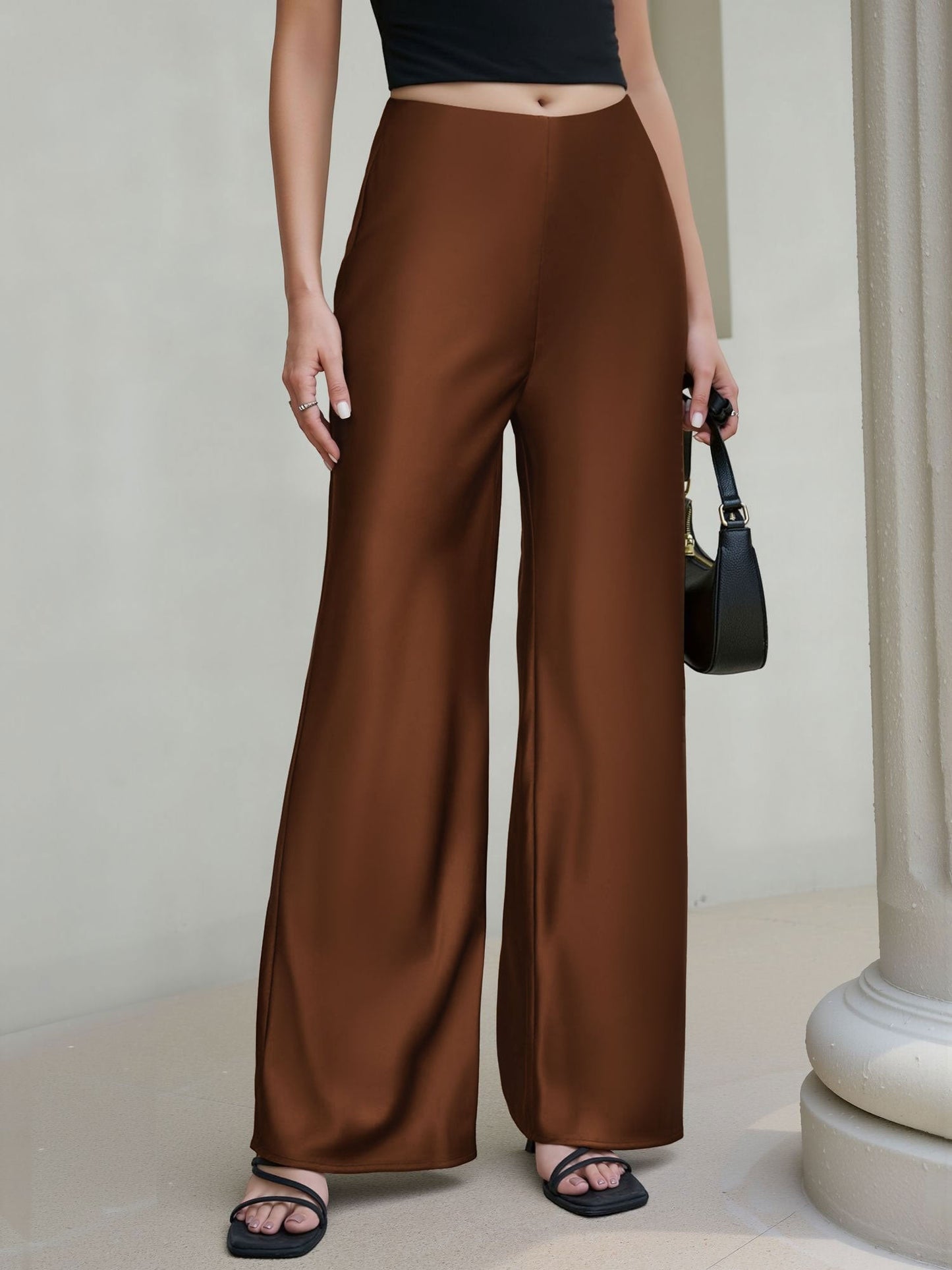 Satin Solid Color Straight Leg Trousers Pants