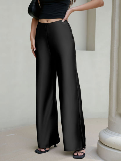 Satin Solid Color Straight Leg Trousers Pants