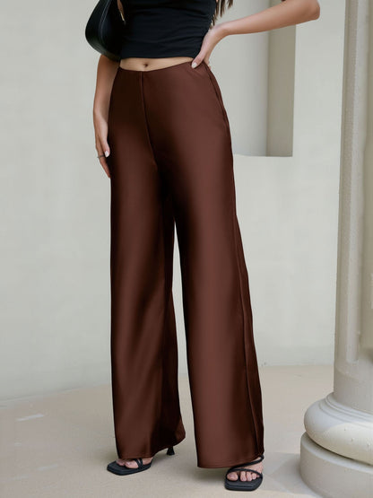 Satin Solid Color Straight Leg Trousers Pants