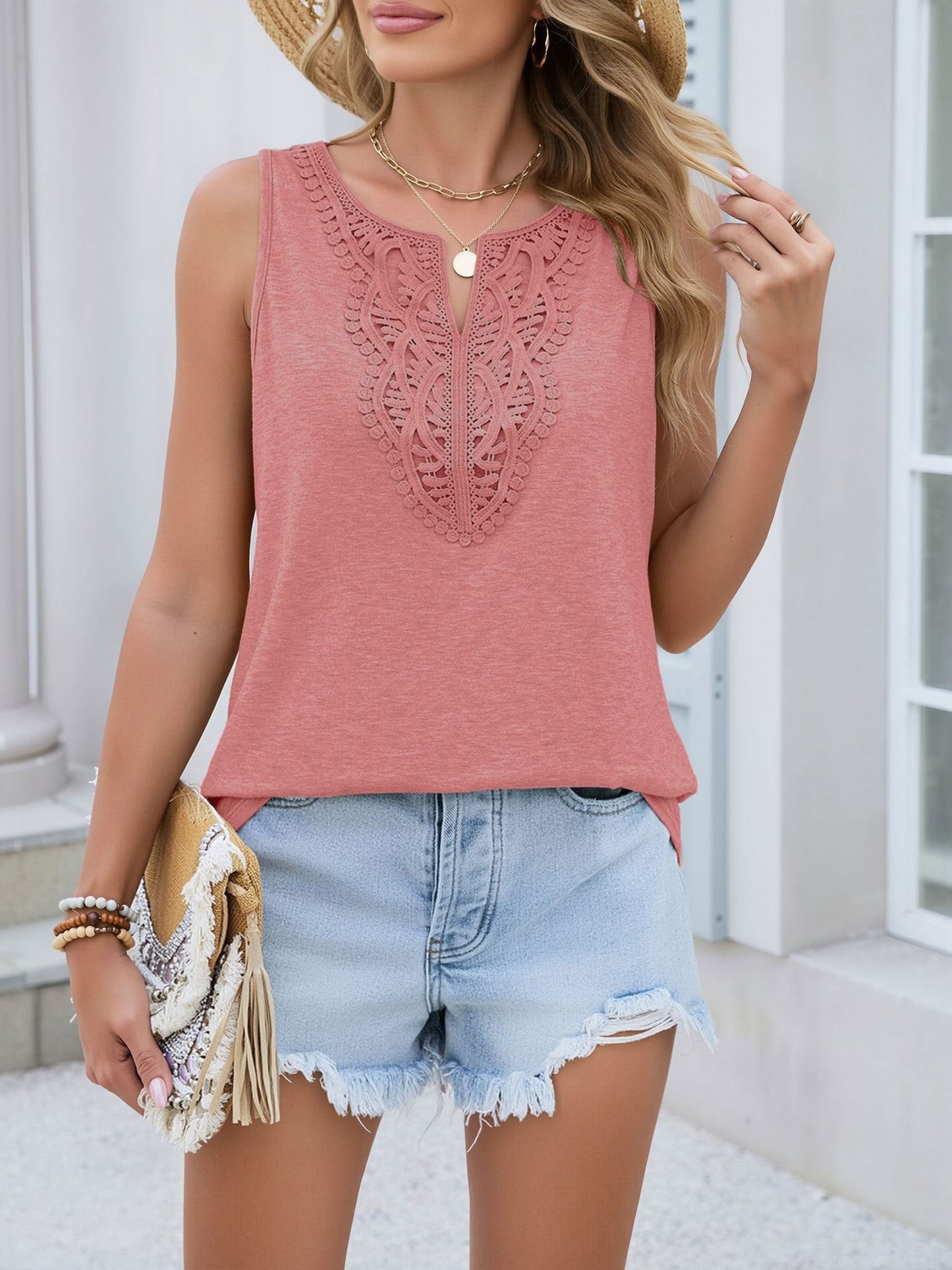 Notch Neck Sleeveless Lace Patchwork Casual Blouse