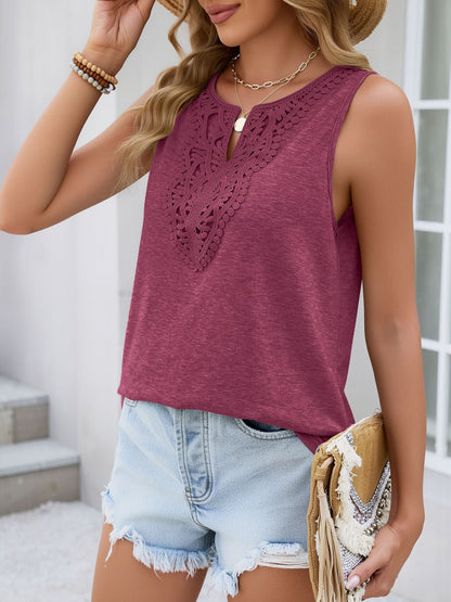 Notch Neck Sleeveless Lace Patchwork Casual Blouse