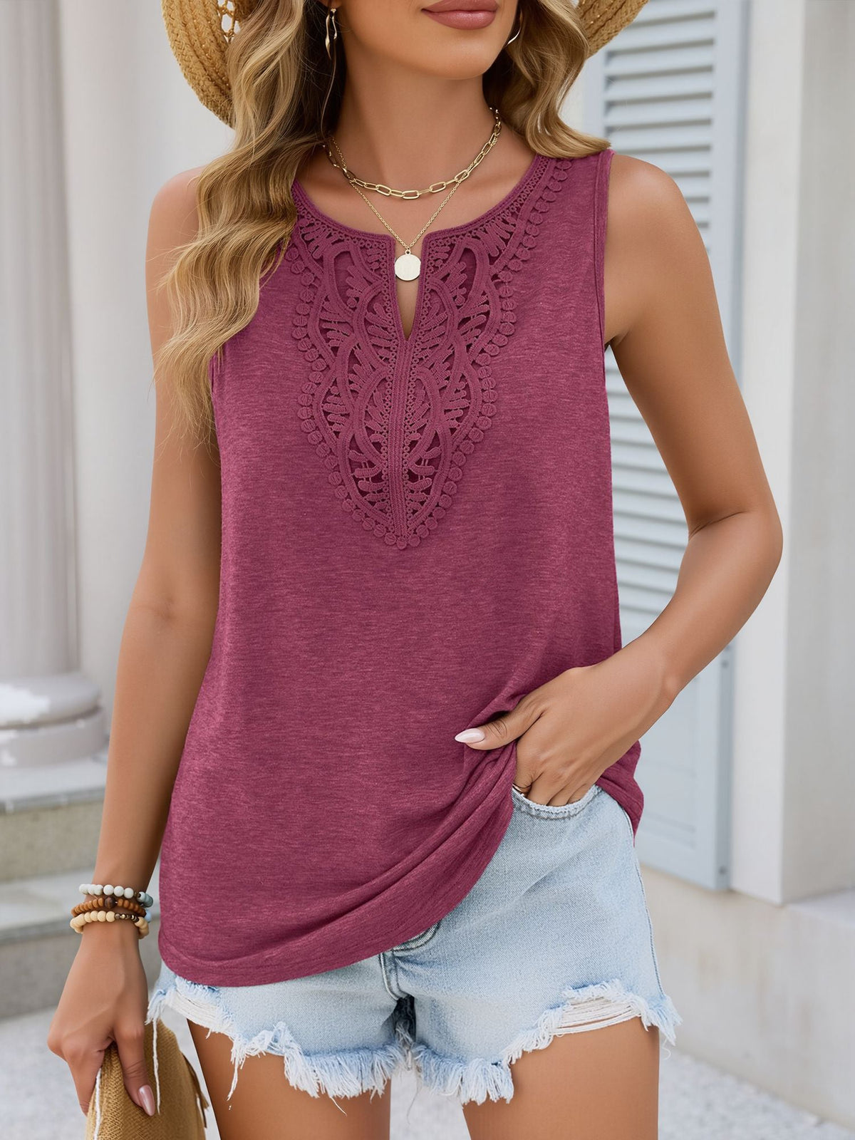 Notch Neck Sleeveless Lace Patchwork Casual Blouse
