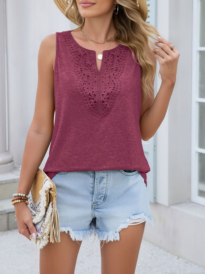 Notch Neck Sleeveless Lace Patchwork Casual Blouse