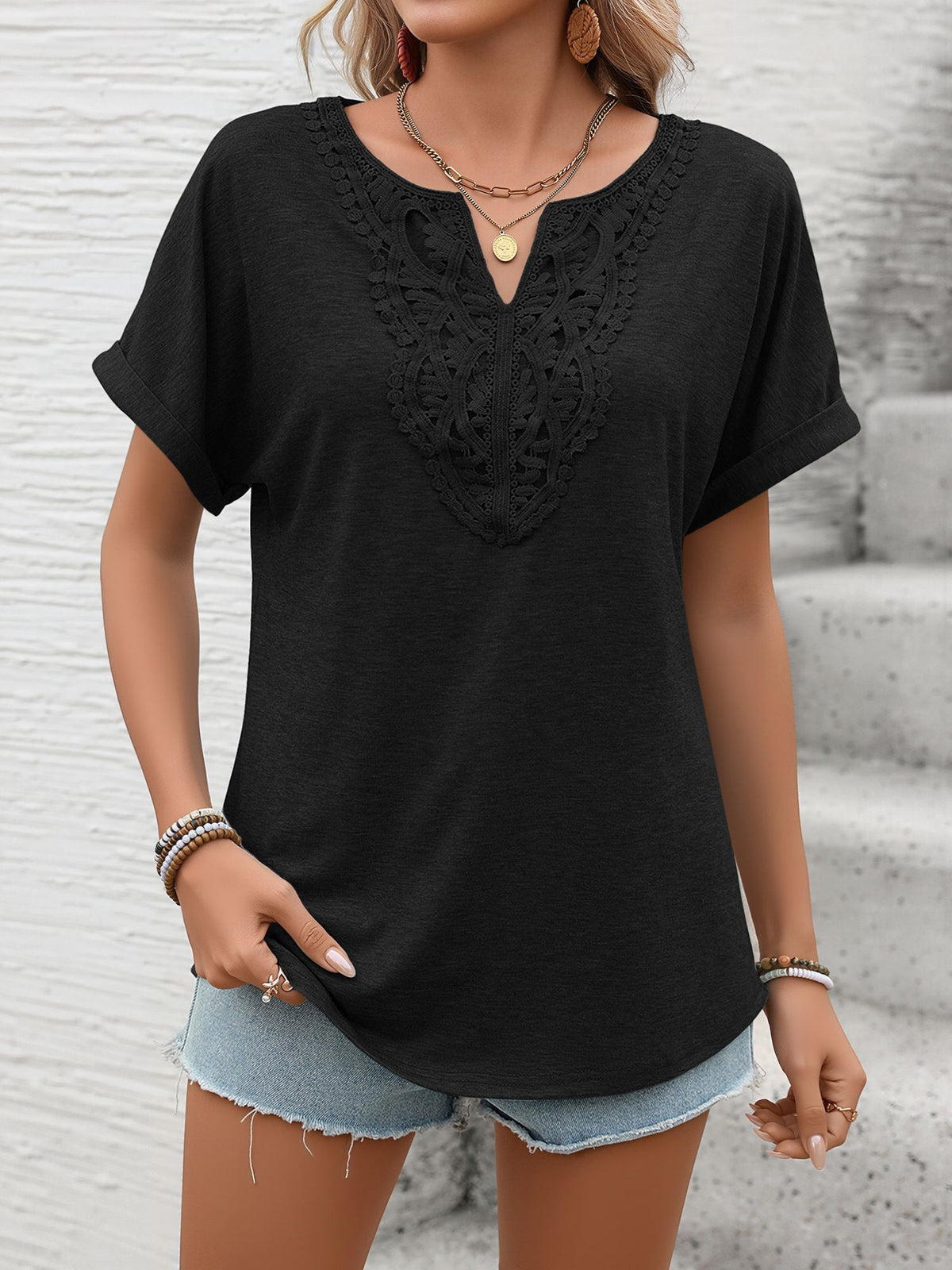 Notch Neck Short Sleeves Lace Patchwork Blouse