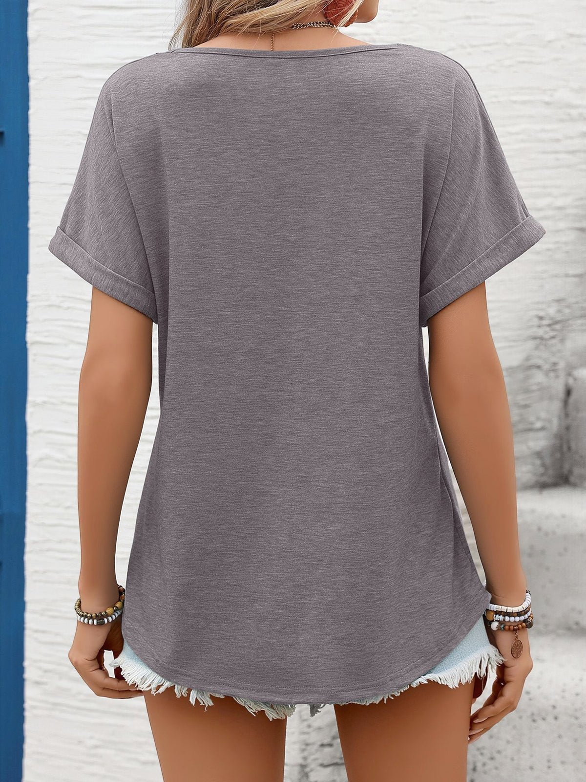 Notch Neck Short Sleeves Lace Patchwork Blouse