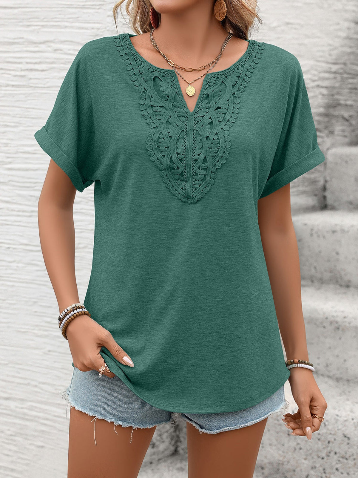 Notch Neck Short Sleeves Lace Patchwork Blouse