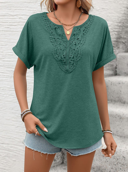 Notch Neck Short Sleeves Lace Patchwork Blouse