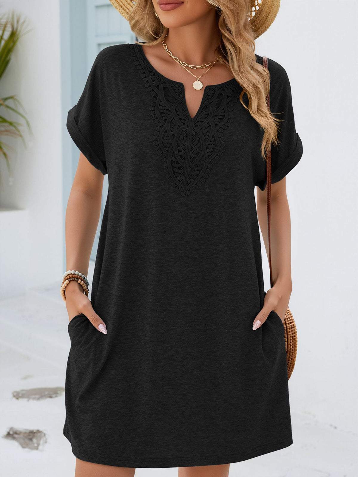 Notch Neck Short Sleeve Lace Pocketed Dress