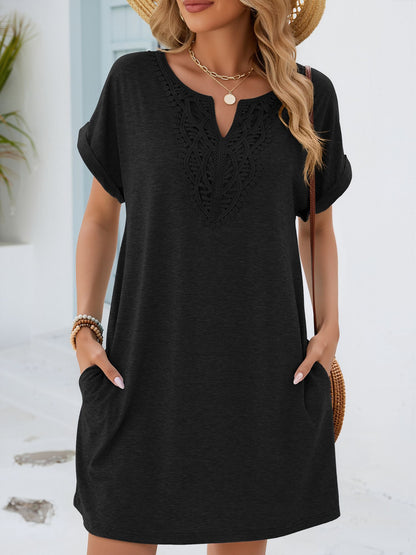 Notch Neck Short Sleeve Lace Pocketed Dress