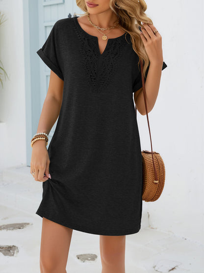 Notch Neck Short Sleeve Lace Pocketed Dress