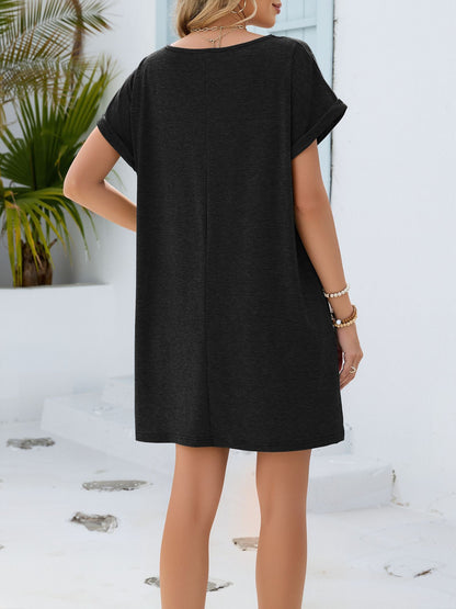 Notch Neck Short Sleeve Lace Pocketed Dress