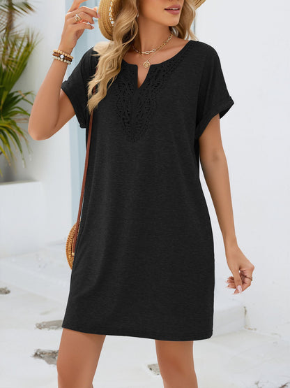 Notch Neck Short Sleeve Lace Pocketed Dress