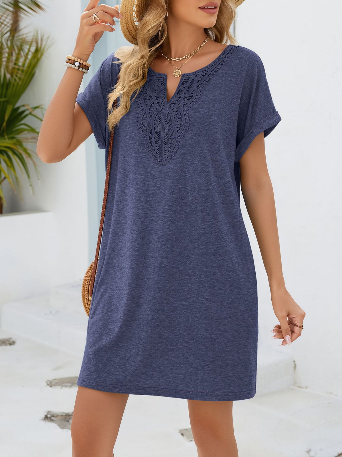 Notch Neck Short Sleeve Lace Pocketed Dress