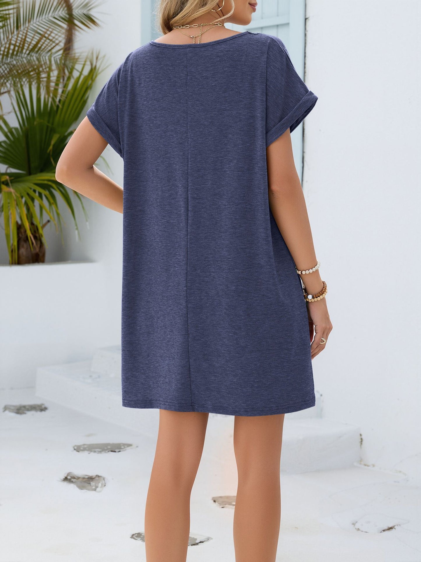 Notch Neck Short Sleeve Lace Pocketed Dress