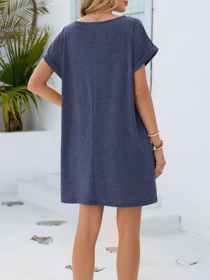 Notch Neck Short Sleeve Lace Pocketed Dress