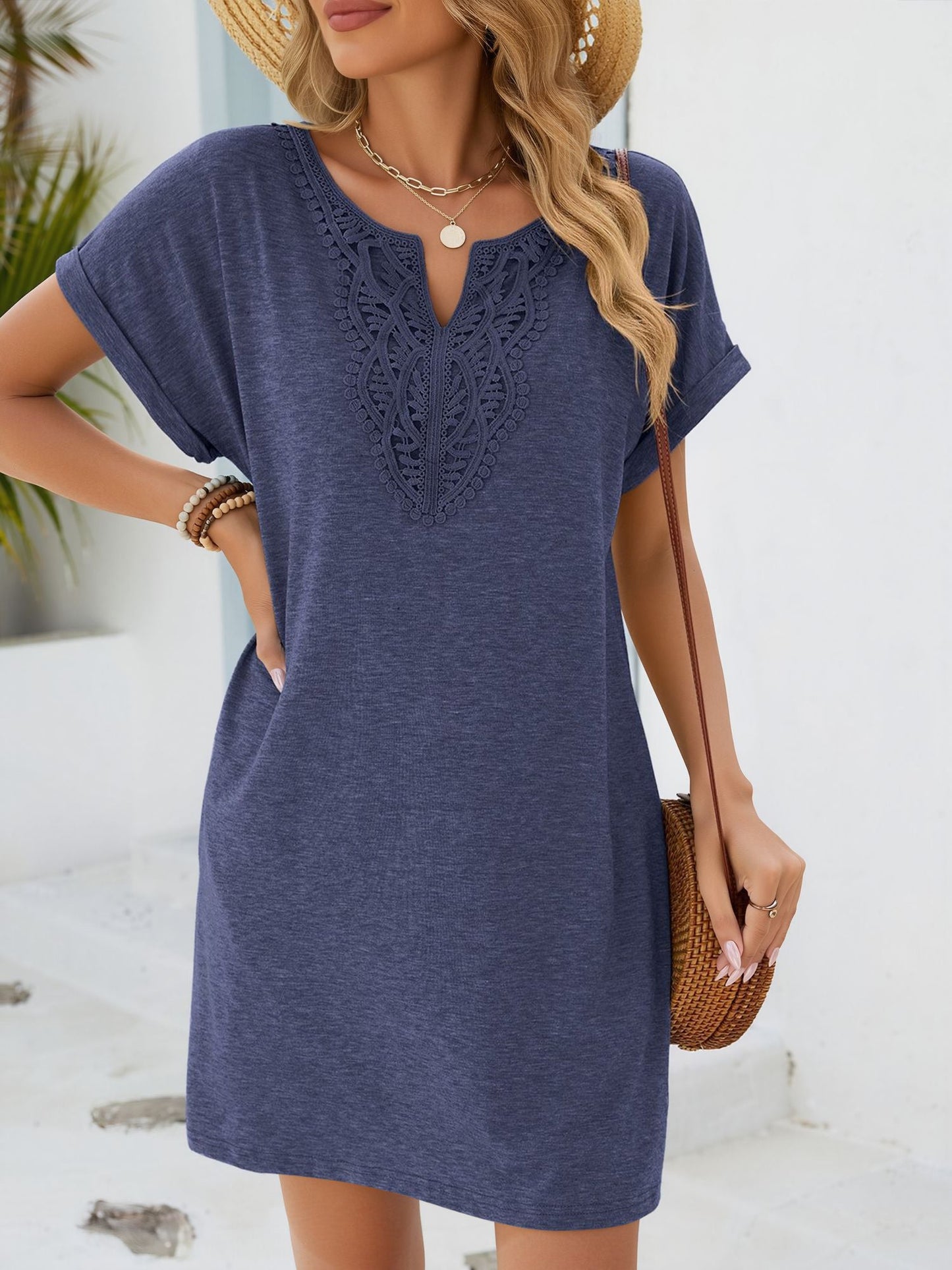 Notch Neck Short Sleeve Lace Pocketed Dress