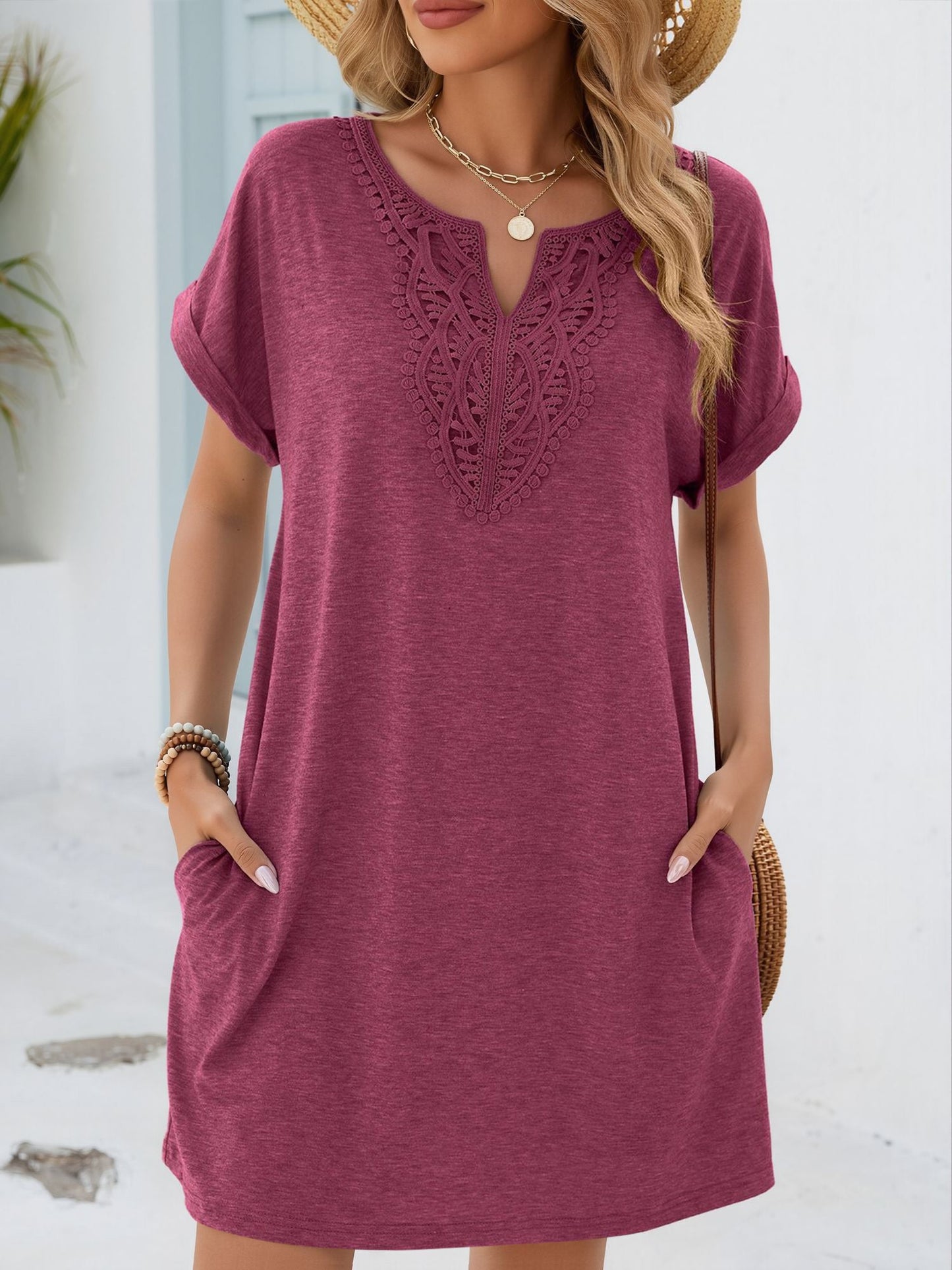 Notch Neck Short Sleeve Lace Pocketed Dress