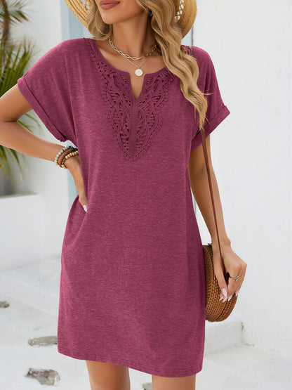 Notch Neck Short Sleeve Lace Pocketed Dress