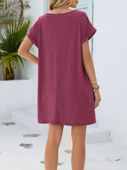 Notch Neck Short Sleeve Lace Pocketed Dress