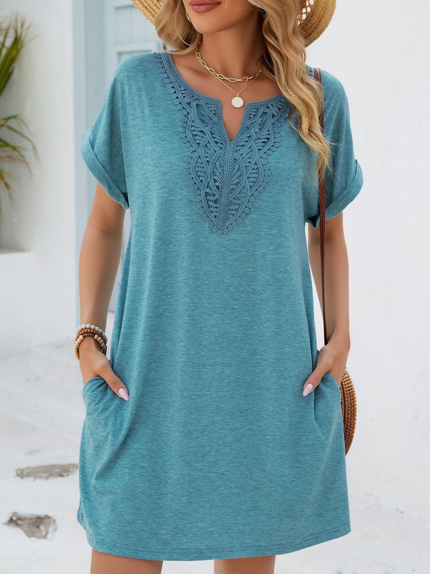 Notch Neck Short Sleeve Lace Pocketed Dress