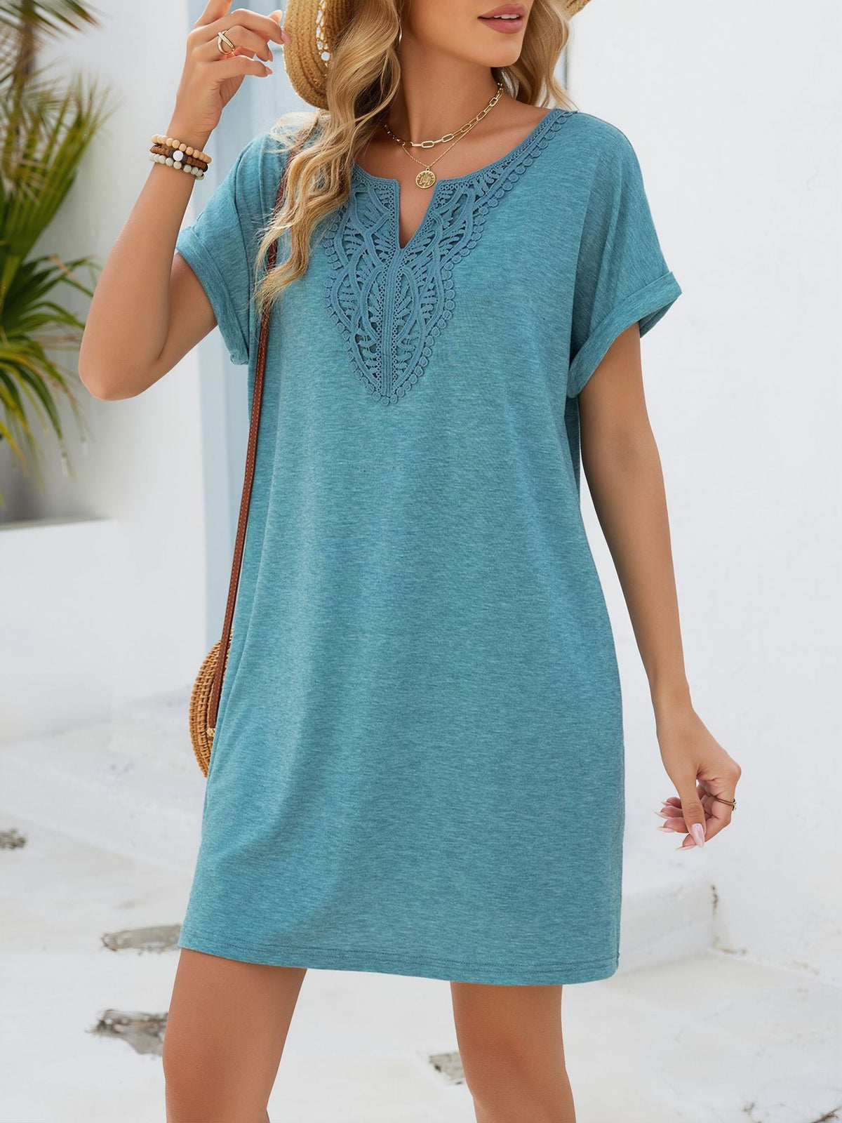 Notch Neck Short Sleeve Lace Pocketed Dress