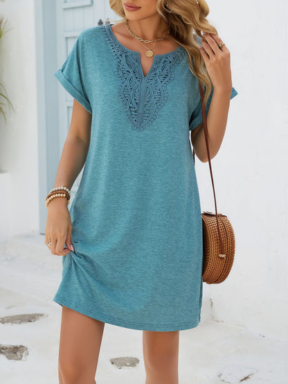 Notch Neck Short Sleeve Lace Pocketed Dress