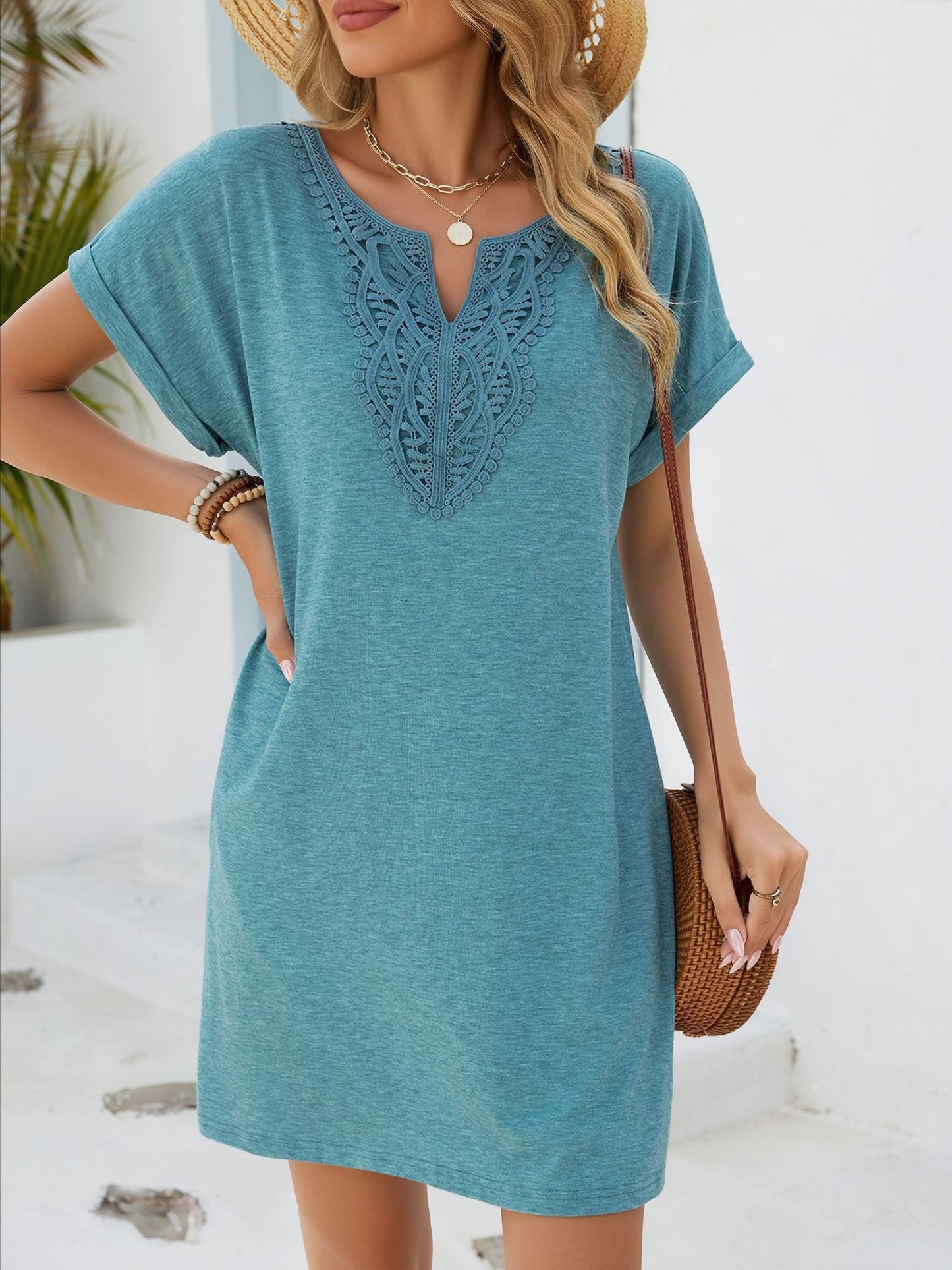 Notch Neck Short Sleeve Lace Pocketed Dress