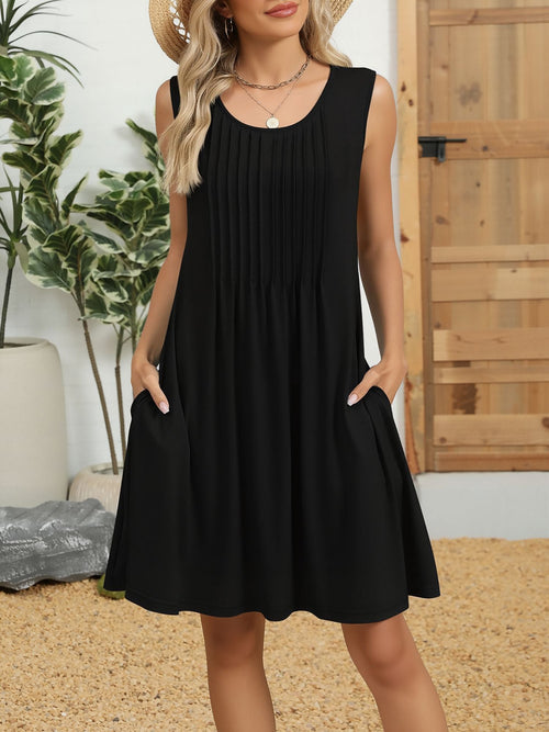 Round Neck Sleeveless Pleated Pockted A-Line Dress