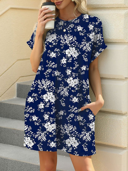 Loose Fit Round Neck Short Sleeve Printed Pocket Dress