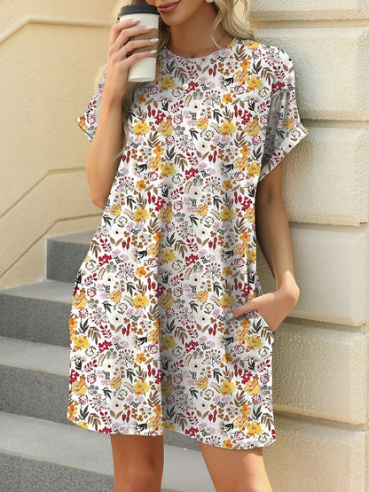 Loose Fit Round Neck Short Sleeve Printed Pocket Dress