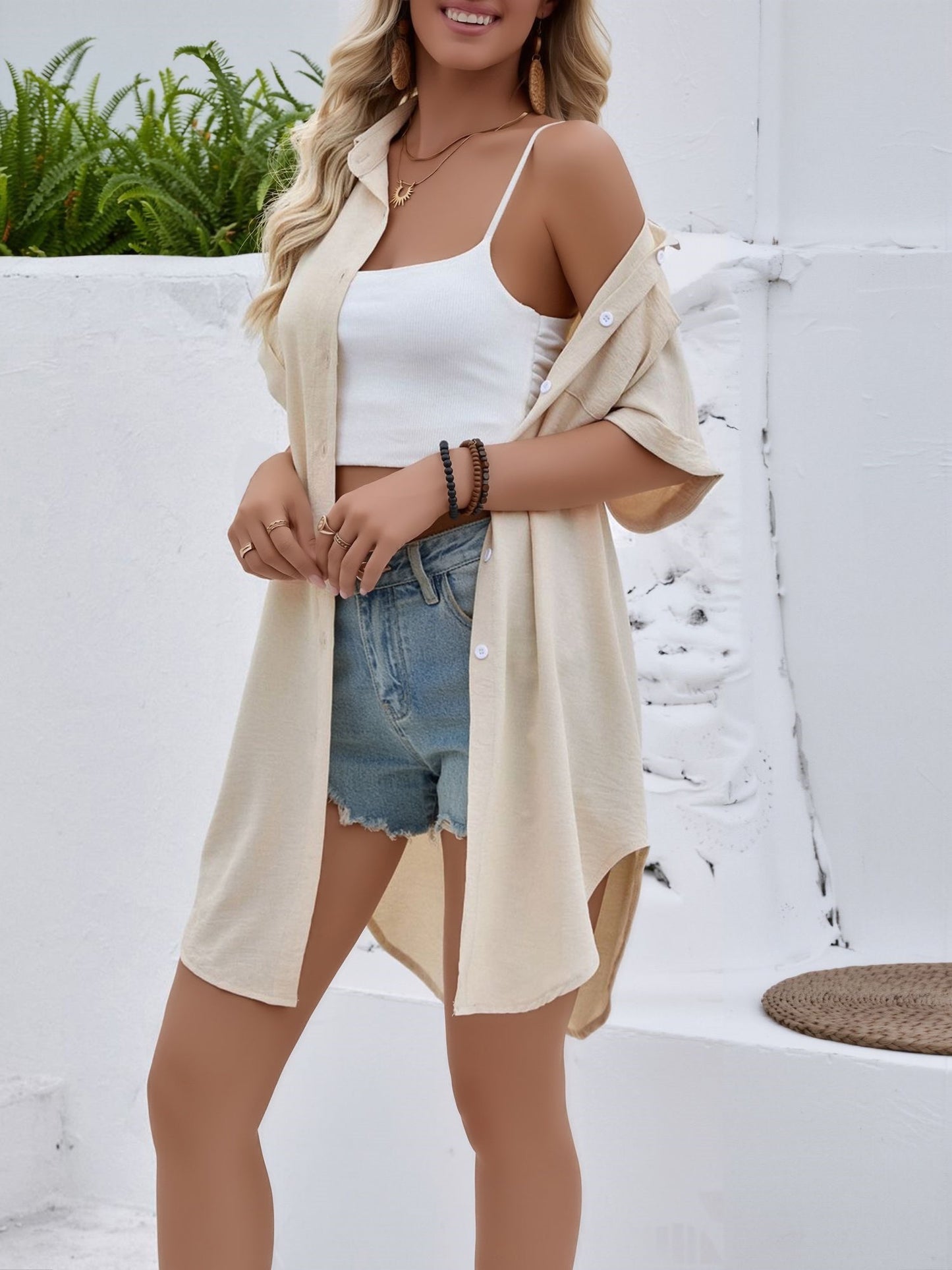 Collared Short Sleeve Mid-Length Shirt with Pockets