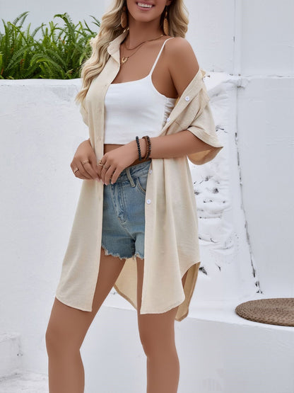 Collared Short Sleeve Mid-Length Shirt with Pockets