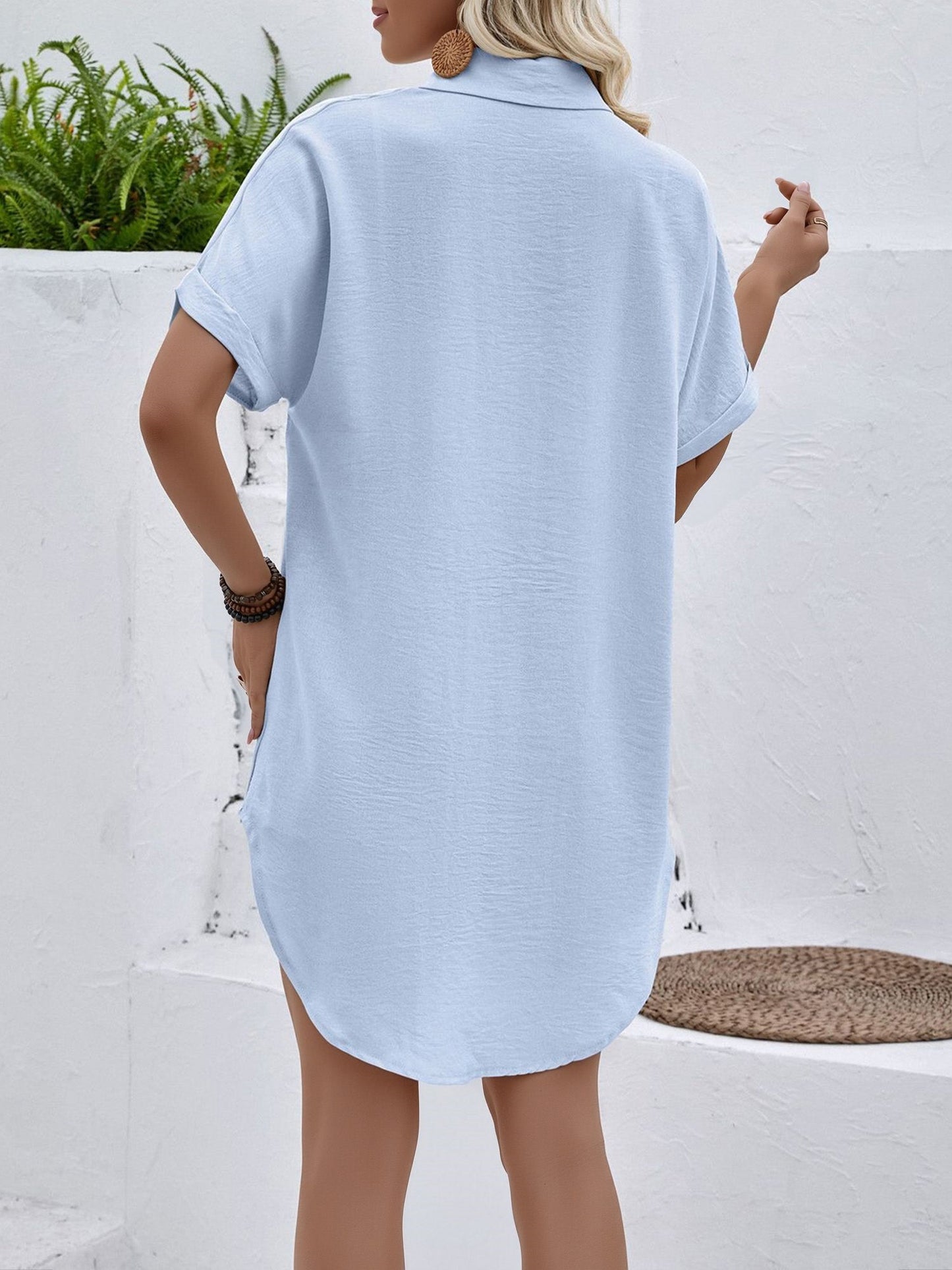 Collared Short Sleeve Mid-Length Shirt with Pockets