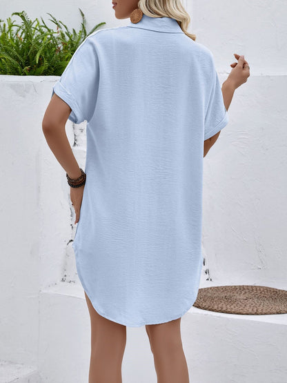 Collared Short Sleeve Mid-Length Shirt with Pockets