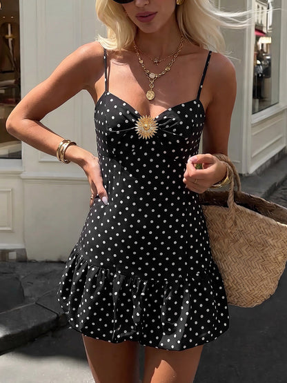 Polka Dots Spaghetti Strap Ruffled Mini Dress