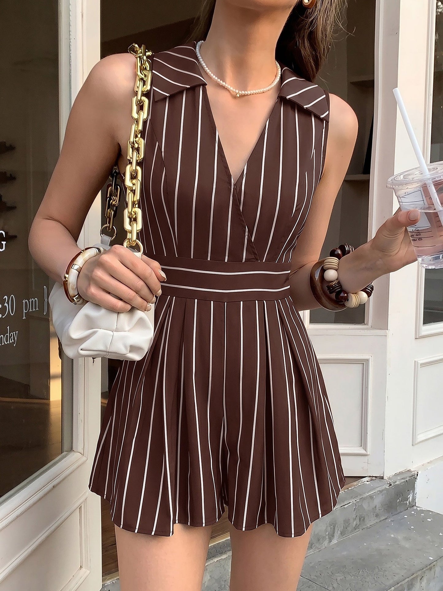 Striped Sleeveless Lace-Up Belted Casual Rompers