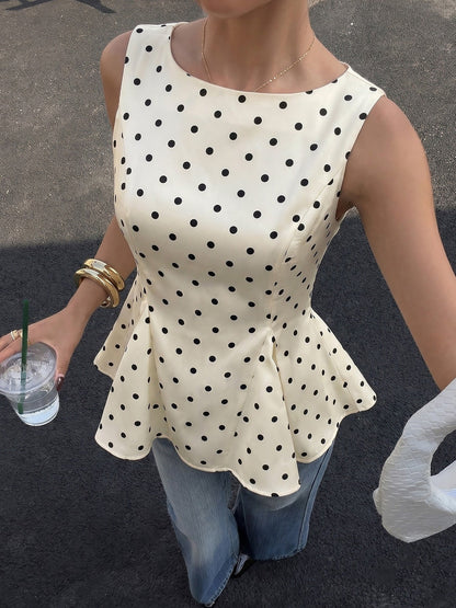 Polka Dots Sleeveless Round Neck Peplum Blouse