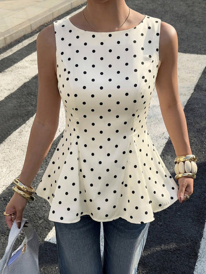 Polka Dots Sleeveless Round Neck Peplum Blouse