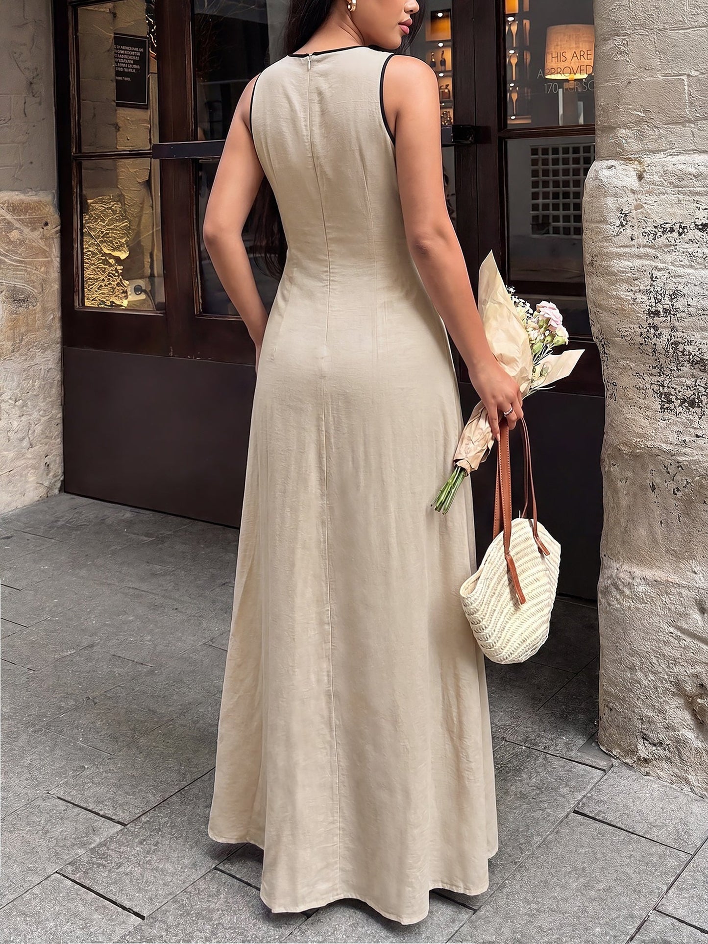Colorblock Bow V Neck Sleeveless A-Line Dress