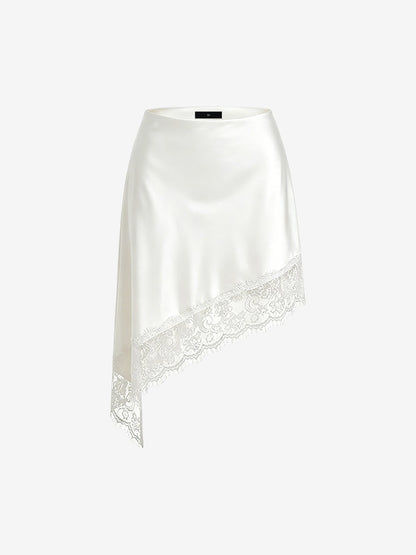 Lace Satin Elastic Waist Asymmetrical Hem Midi Skirt