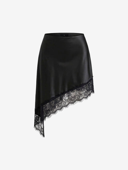 Lace Satin Elastic Waist Asymmetrical Hem Midi Skirt