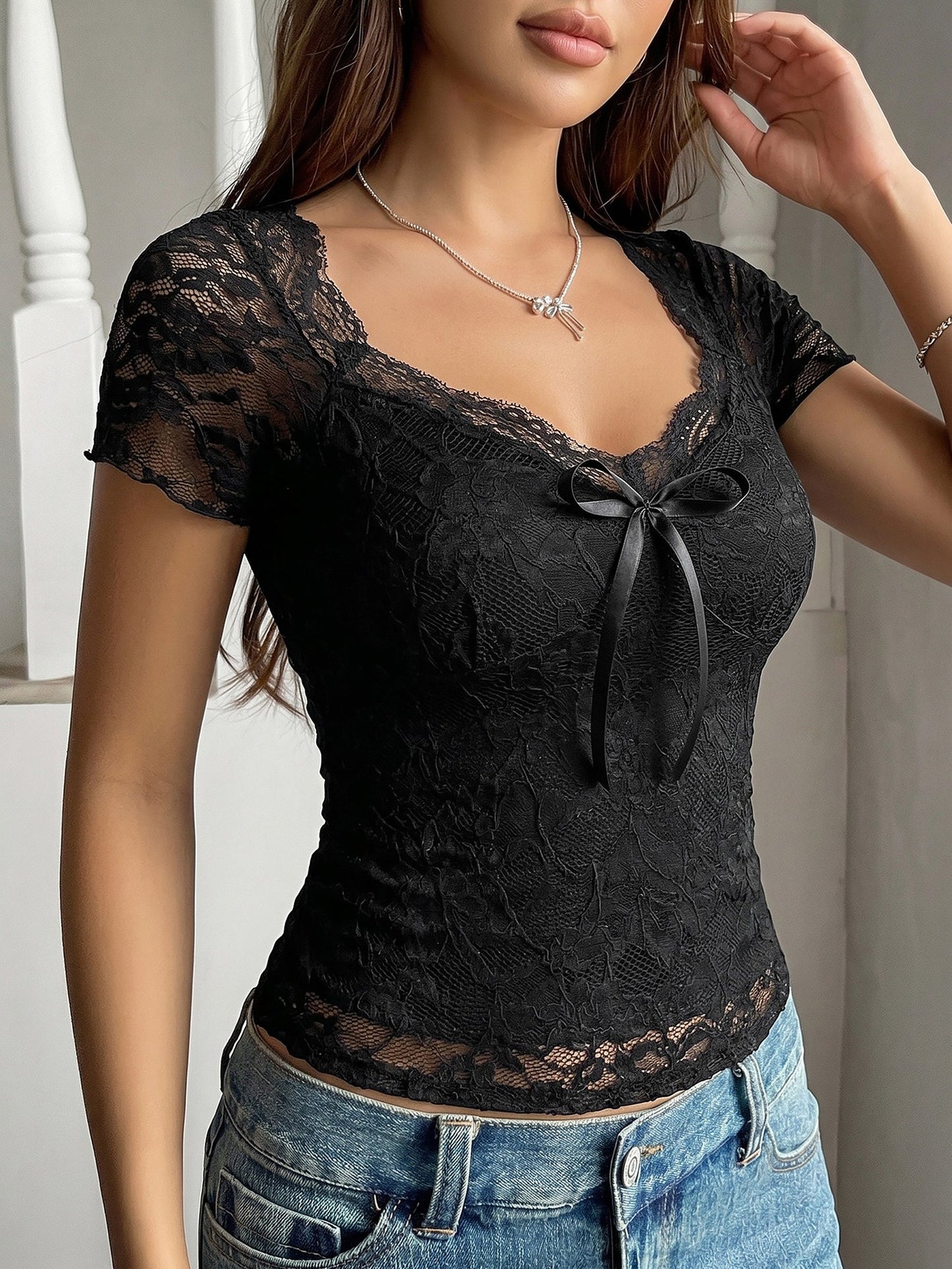 Lace Short Sleeves V Neck Sheer Blouse