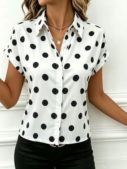 Collared Bat Sleeve Polka Dots Button Down Blouse