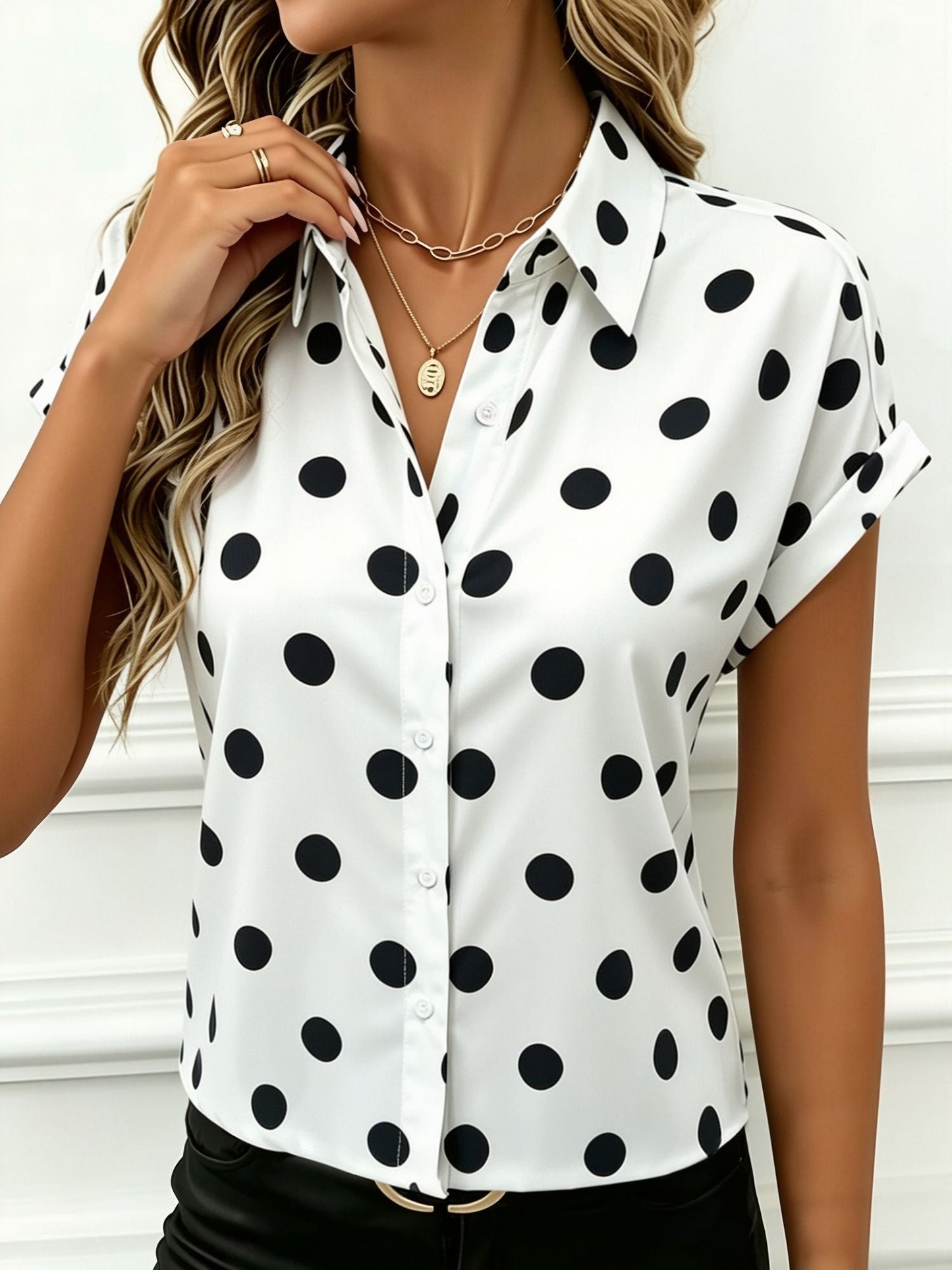 Collared Bat Sleeve Polka Dots Button Down Blouse