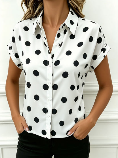 Collared Bat Sleeve Polka Dots Button Down Blouse