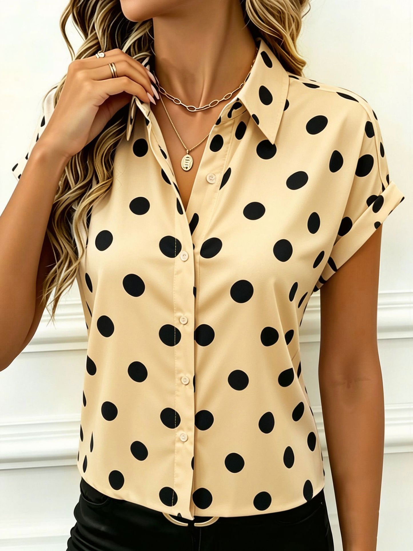 Collared Bat Sleeve Polka Dots Button Down Blouse