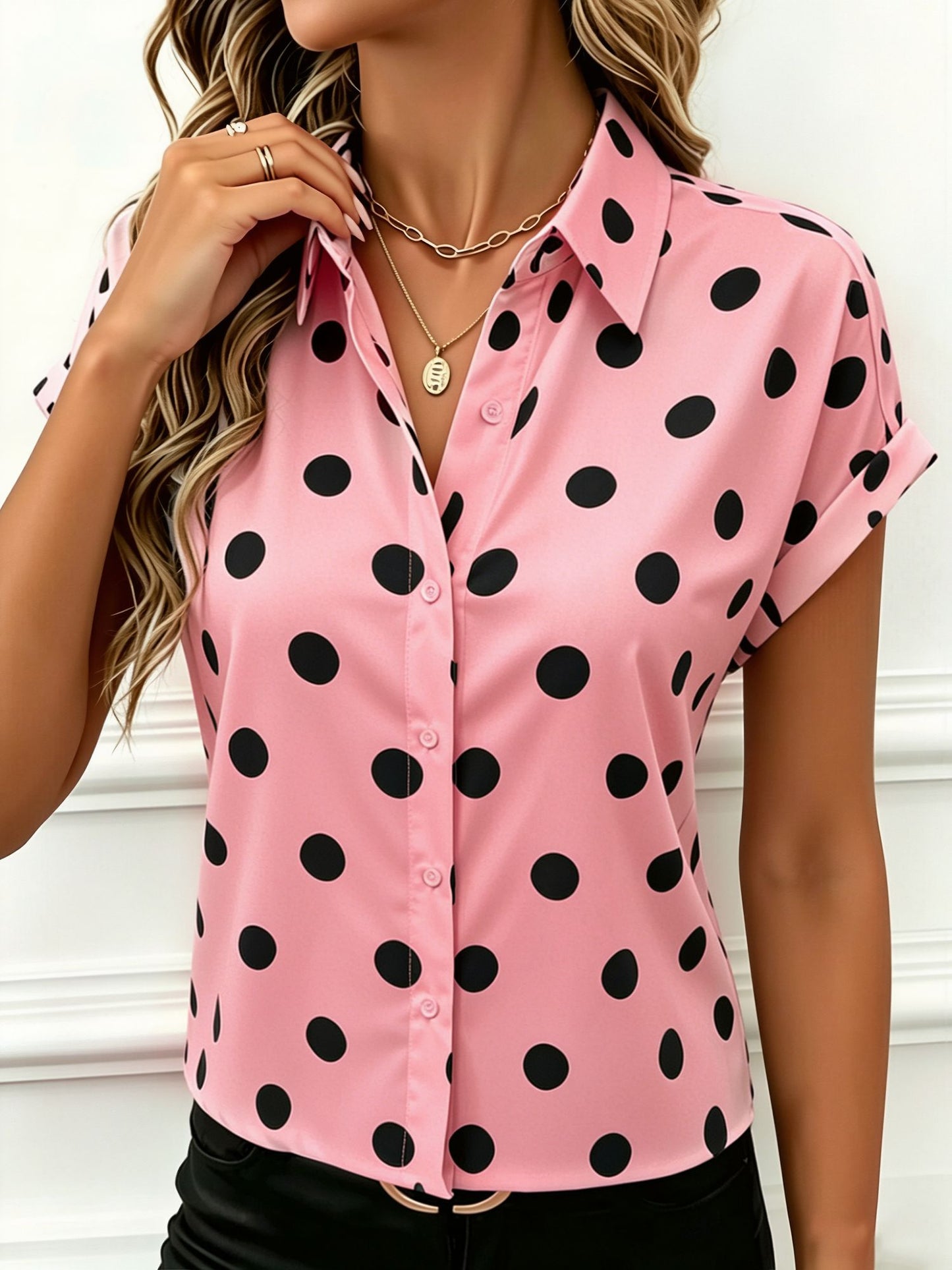 Collared Bat Sleeve Polka Dots Button Down Blouse
