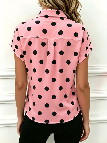 Collared Bat Sleeve Polka Dots Button Down Blouse