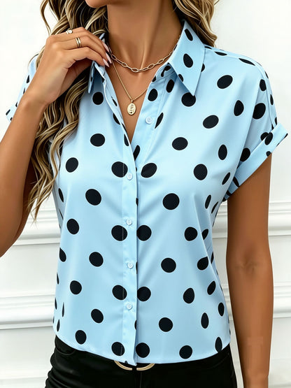 Collared Bat Sleeve Polka Dots Button Down Blouse
