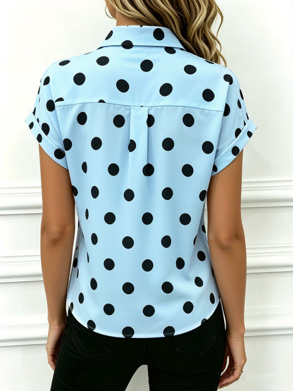 Collared Bat Sleeve Polka Dots Button Down Blouse